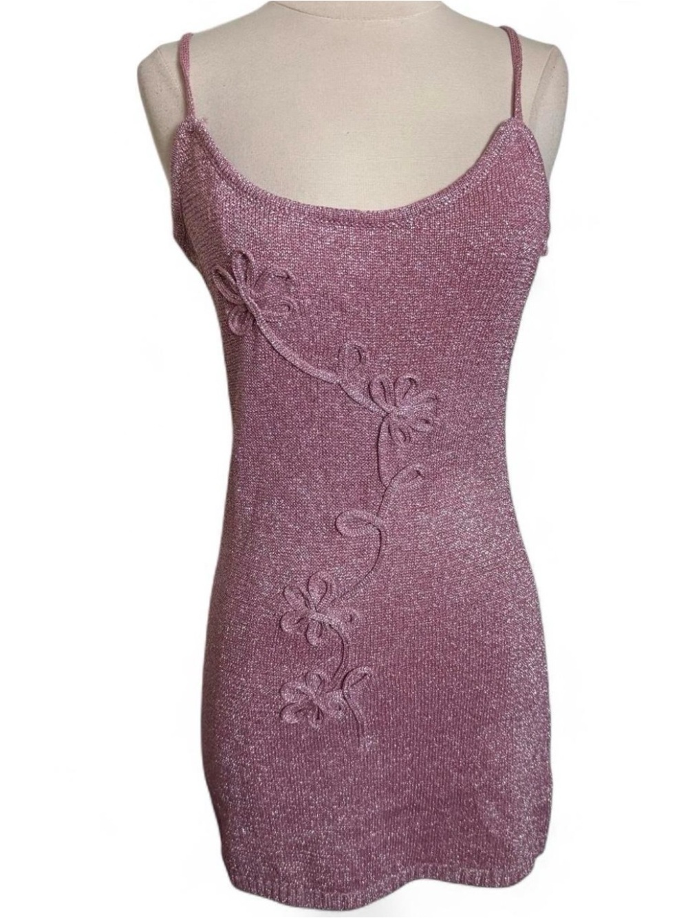 Sleeveless Pink Knit Slip Dress with Floral Applique